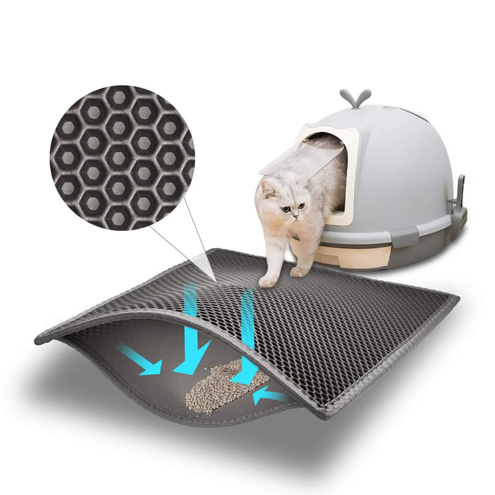 Heavy-duty double layer cat litter mat, waterproof EVA, traps kitty litter effectively, easy to clean.