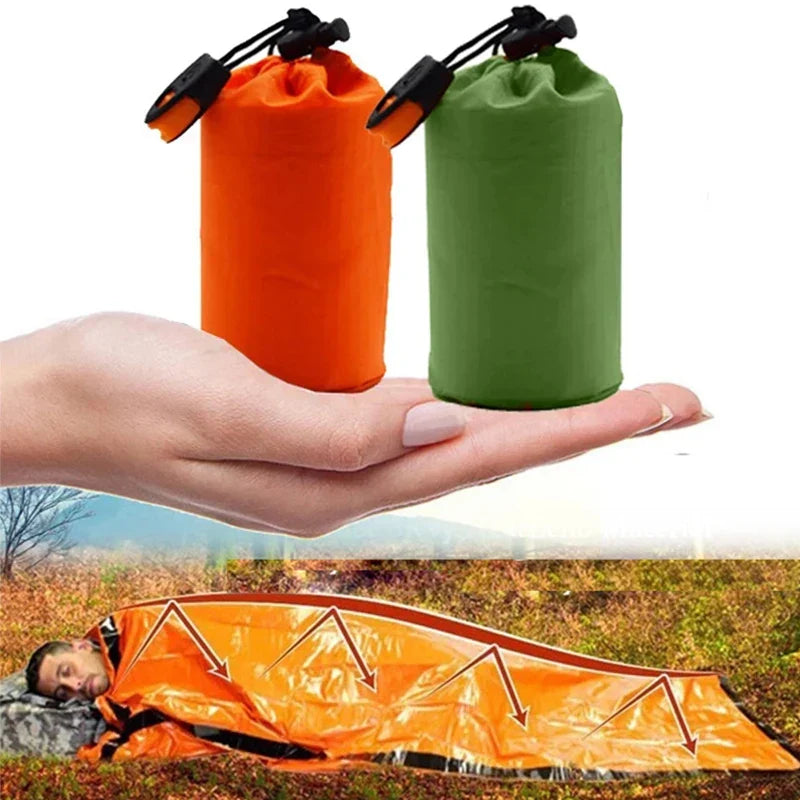 Waterproof emergency sleeping bag for survival, camping, and hiking. Lightweight thermal mylar bivy sack.