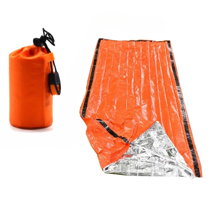 Mylar emergency sleeping bag, waterproof & thermal. Essential survival gear for camping, hiking, & outdoor safety.
