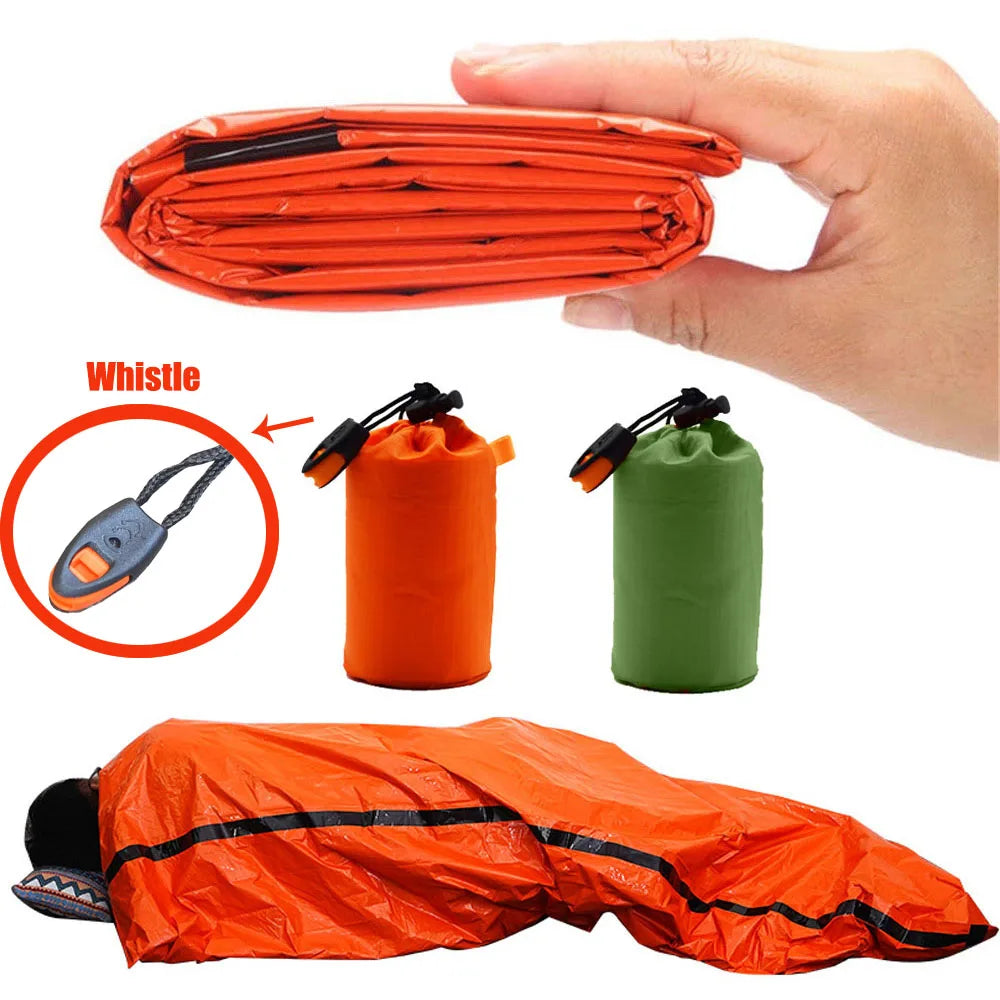 Compact mylar emergency bivy sack. Waterproof thermal blanket for survival, camping, and outdoor preparedness.