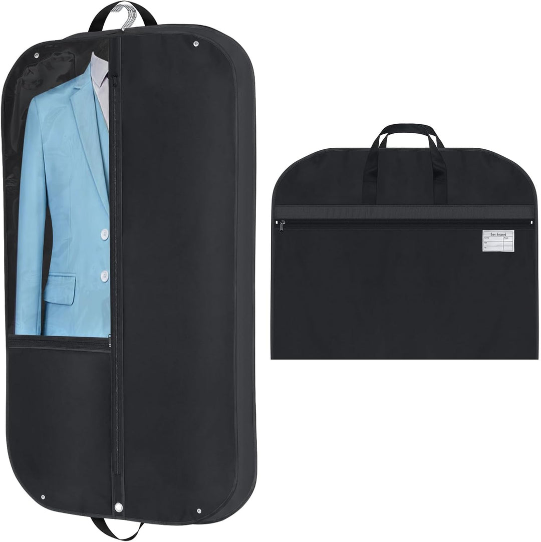Waterproof garment bags (2-pack) for suits & dresses, protecting clothes from dust & wrinkles during travel.