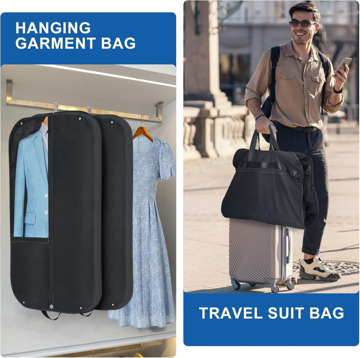 Waterproof suit covers with accessory pockets for men's & women's garments, ideal for travel & storage.