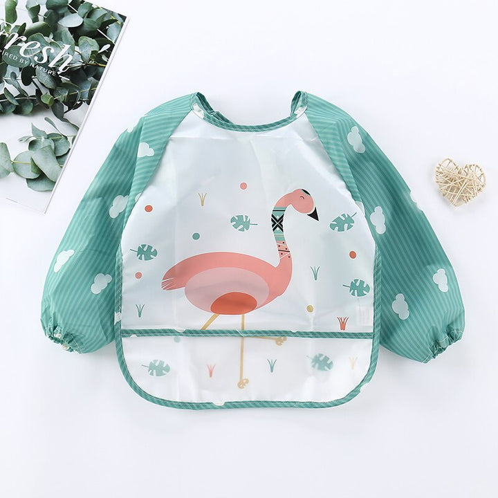 Waterproof long sleeve baby bib apron with cute animal design, perfect for messy mealtime and play
