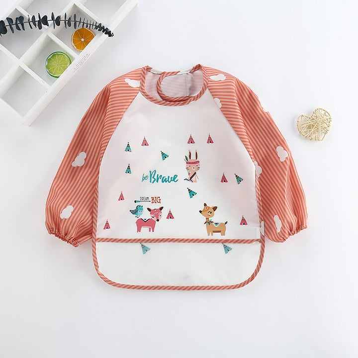 Toddler's waterproof long sleeve bib for feeding, featuring stain protection and a playful animal print