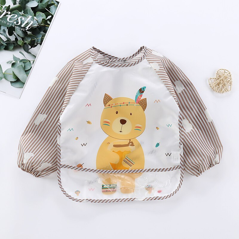Children's waterproof long sleeve art smock bib, ideal for messy play and mealtime, with animal graphic