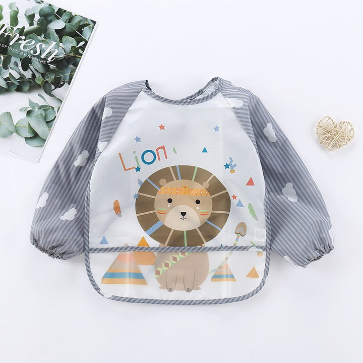 Long sleeve baby mealtime bib apron, waterproof and machine washable, featuring a fun animal design