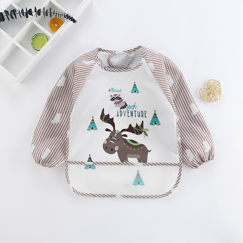 Practical long sleeve baby apron, waterproof for feeding and crafts, detailed with a sweet animal pattern