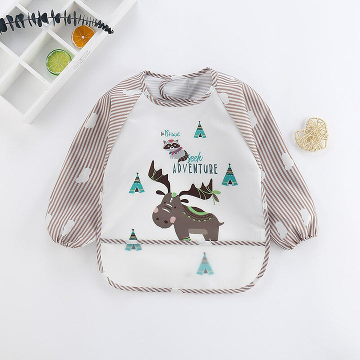 Practical long sleeve baby apron, waterproof for feeding and crafts, detailed with a sweet animal pattern