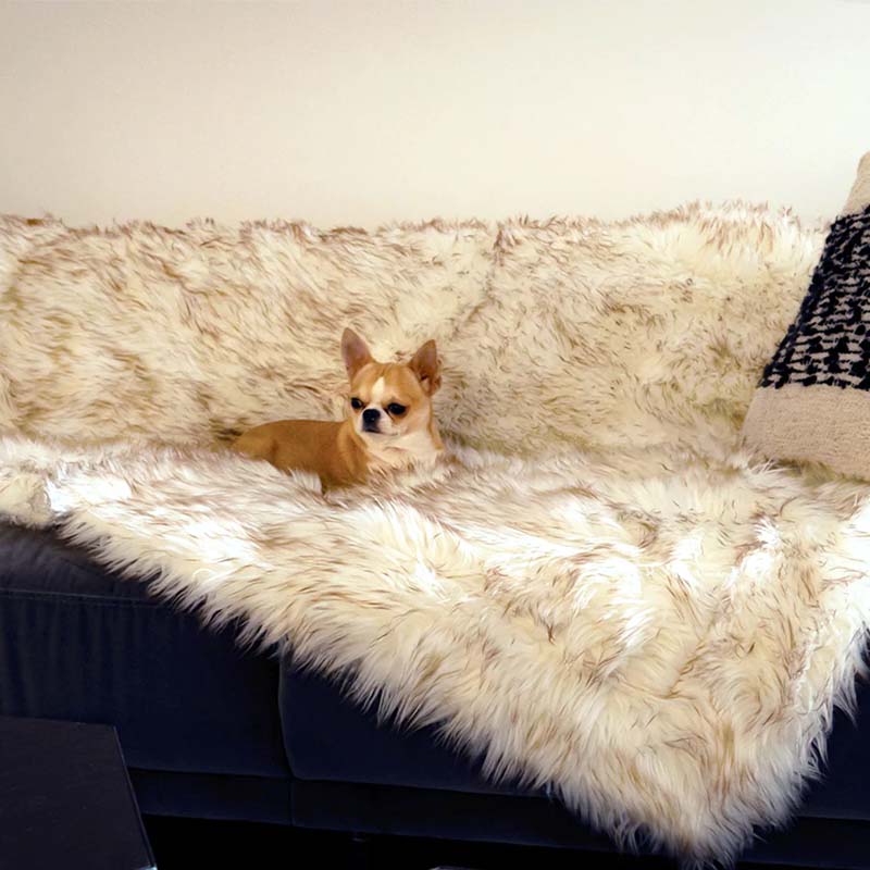 Luxe faux fur & microsuede pet blanket, waterproof, provides cozy comfort for dogs & cats on any surface. Easy clean.