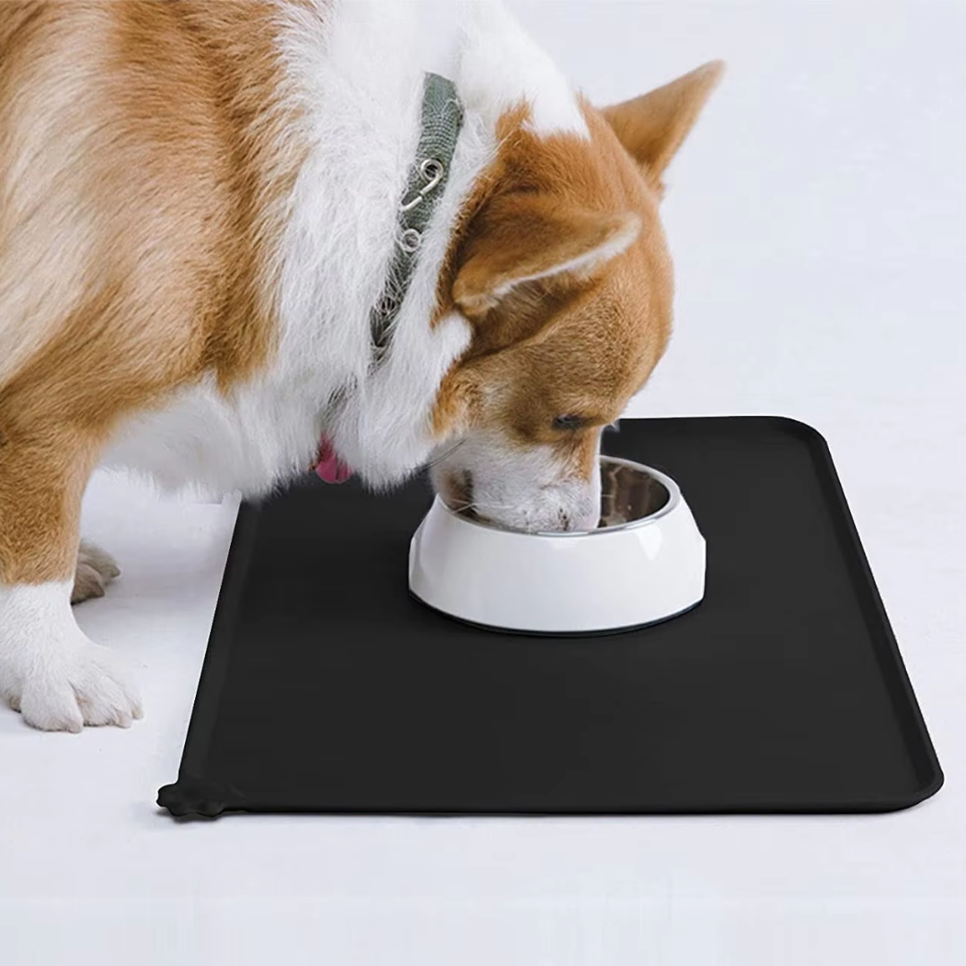 Waterproof pet feeding mat with raised edges, gray, protecting floor from spills, non-slip base
