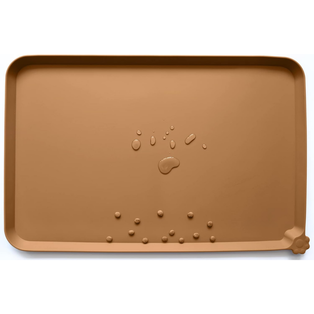 Large waterproof feeding mat for multiple pet bowls, raised rim, black, floor protection