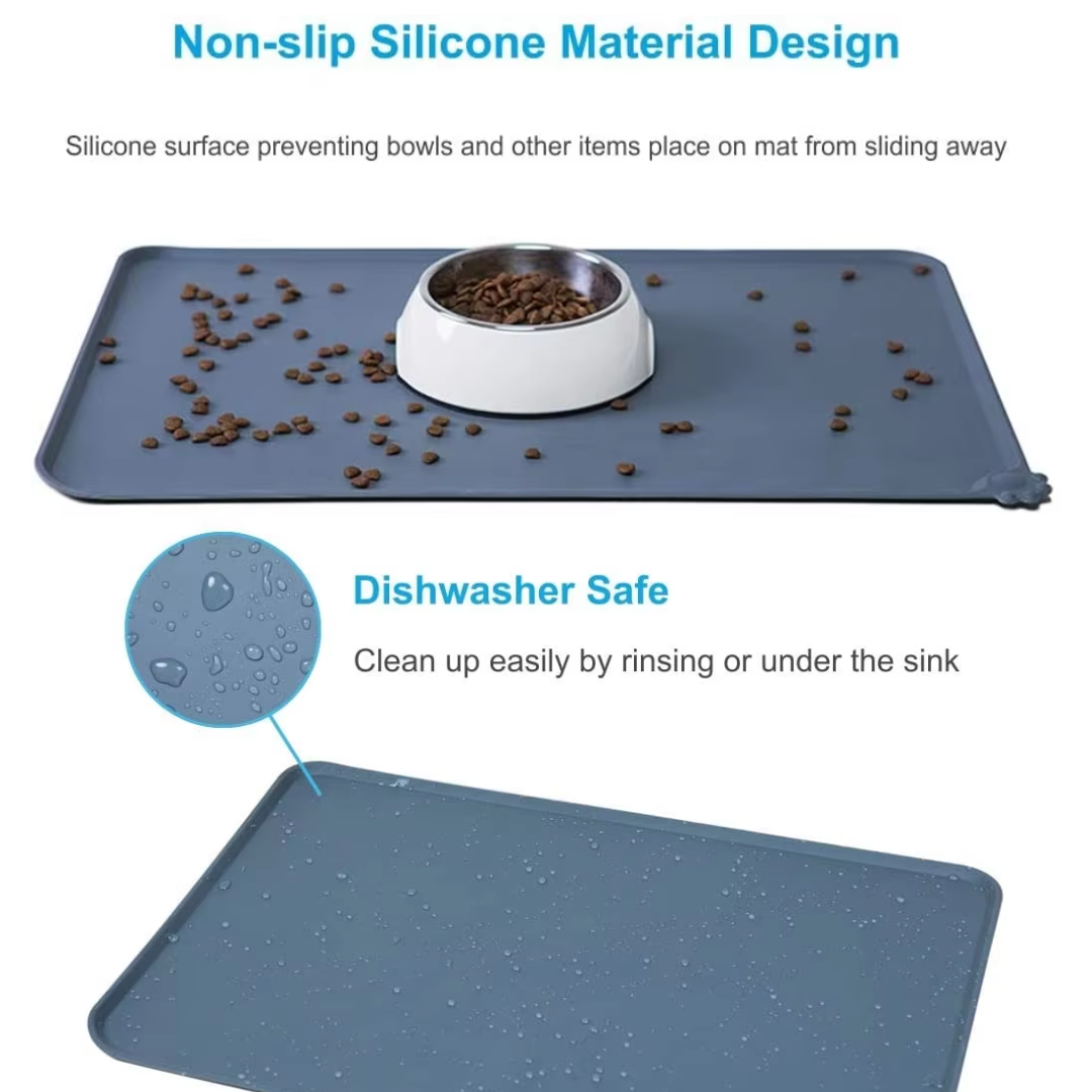 Foldable waterproof feeding mat for travel, black, raised edges, pet friendly & easy clean