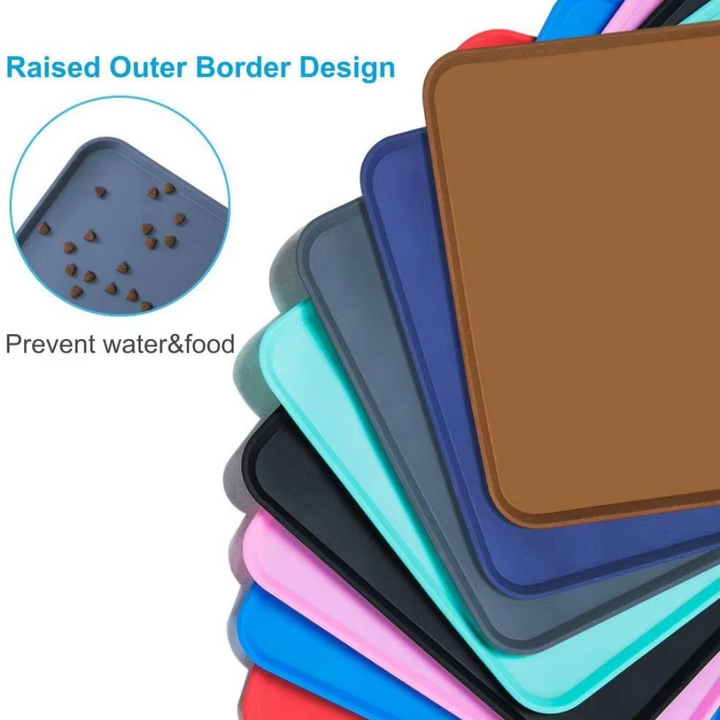 Stylish waterproof feeding mat, grey, with textured surface and raised rim for modern homes