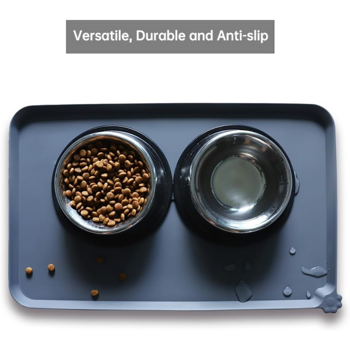 Small waterproof pet feeding mat with raised lip, grey, ideal for cat food dish & water