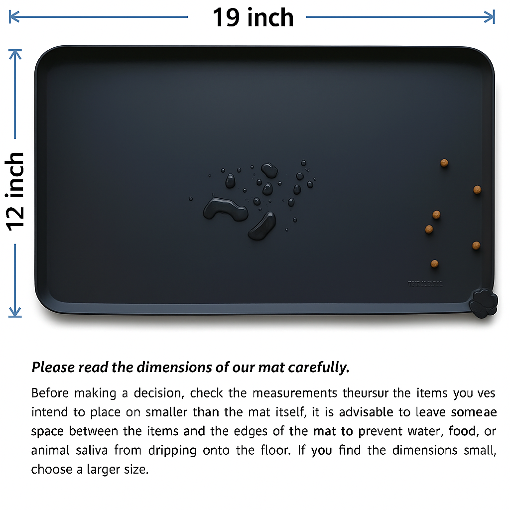 Secure waterproof pet feeding mat, black, with strong grip & raised sides, ultimate floor protection