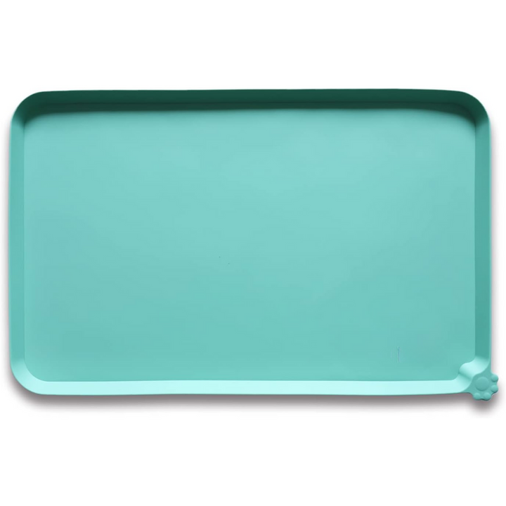 Pet bowl mat with raised edges, waterproof and non-slip, gray, for a clean feeding area