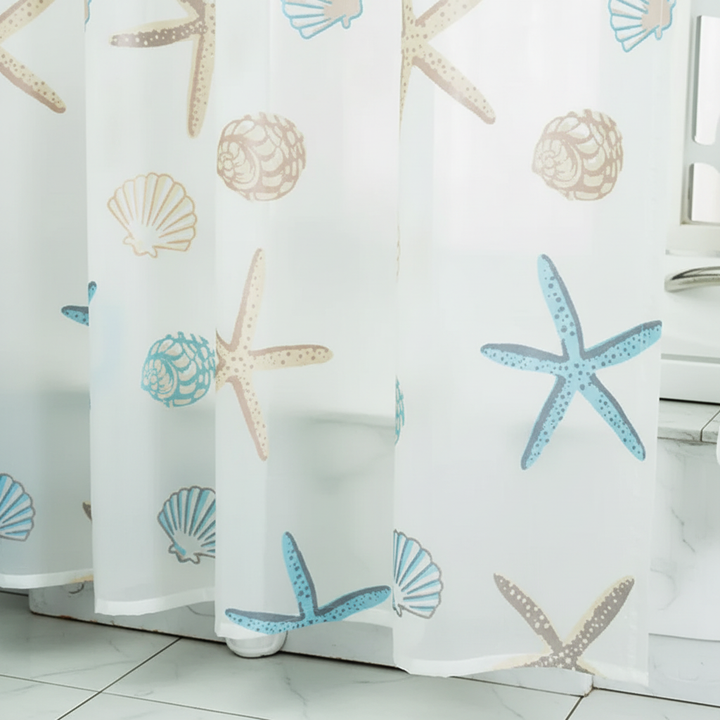 Maritime-themed, waterproof polyester shower curtain, depicting seashells, ideal for bathroom decor.
