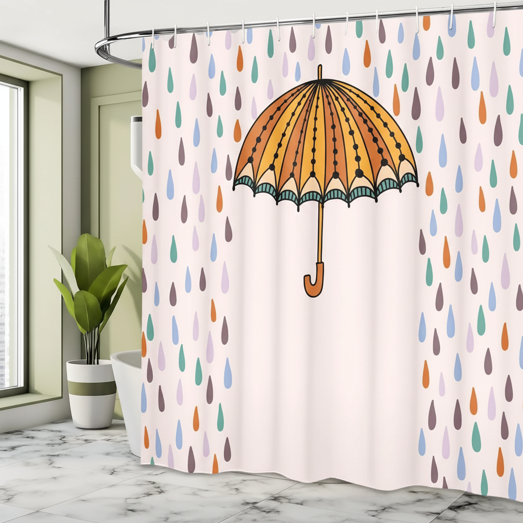 Waterproof rainbow droplet shower curtain, polyester, with hooks, for colorful bathroom decor