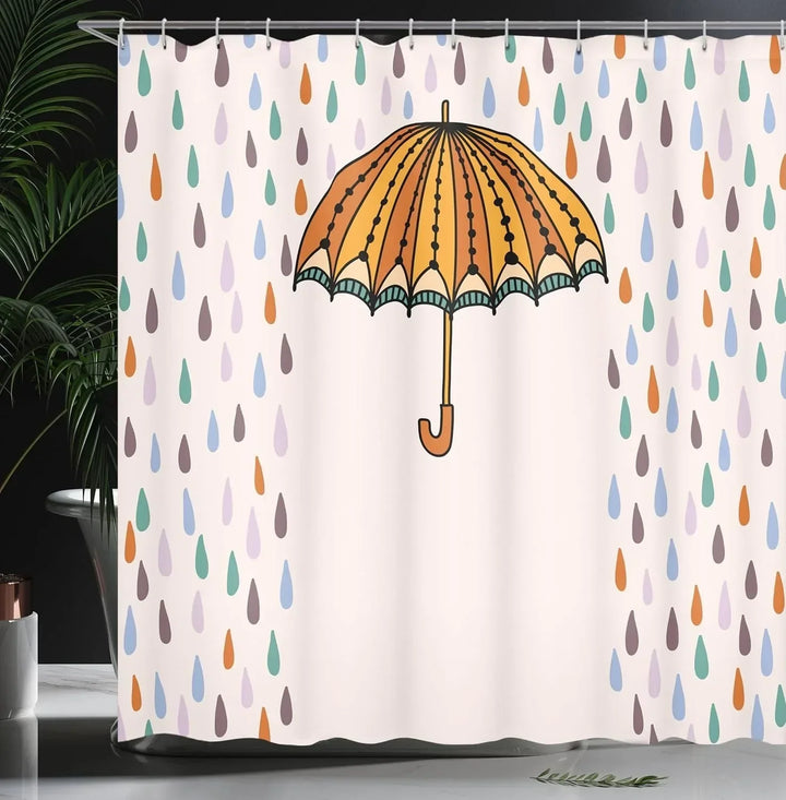 Waterproof shower curtain featuring a rainbow droplet pattern, polyester, includes hooks
