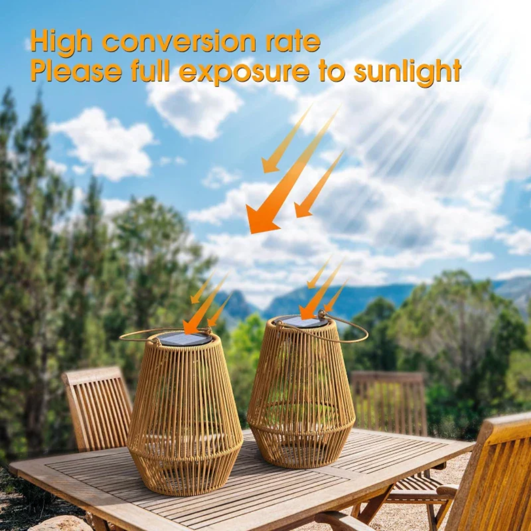 Eco-friendly waterproof solar garden lamp in a modern rattan style for outdoor lighting.