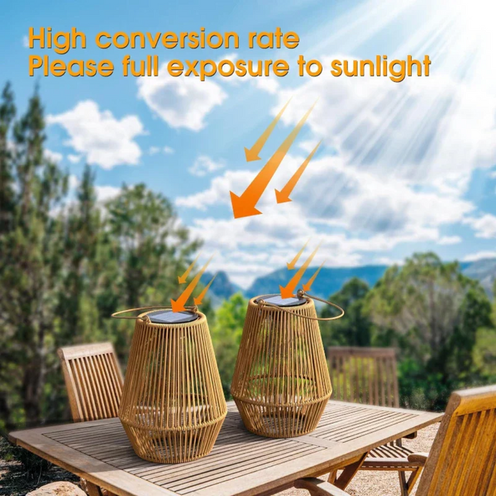 Eco-friendly waterproof solar garden lamp in a modern rattan style for outdoor lighting.