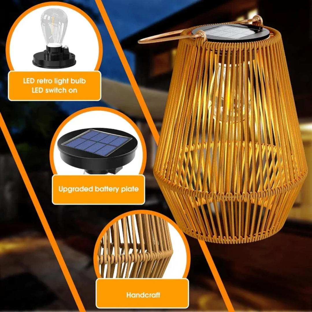 Sustainable outdoor waterproof solar lantern with a unique handwoven rattan finish.