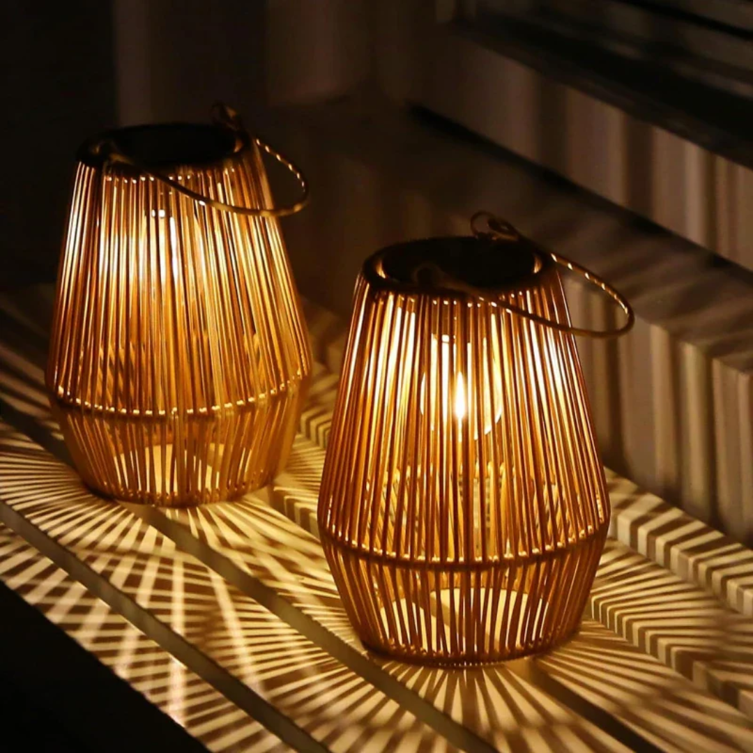 Stylish waterproof solar garden lamp featuring intricate handwoven rattan detail for pathways.