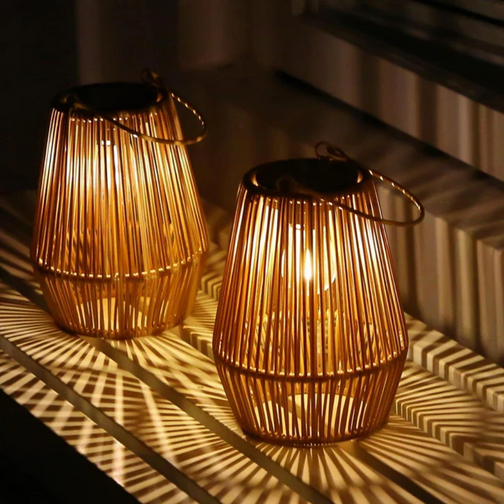 Stylish waterproof solar garden lamp featuring intricate handwoven rattan detail for pathways.