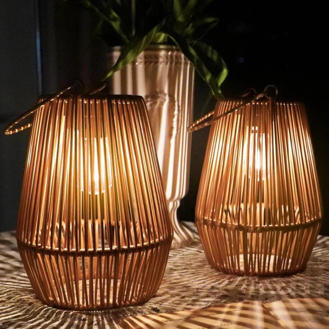 Waterproof solar LED garden lamp with a natural rattan aesthetic for sustainable outdoor decor.