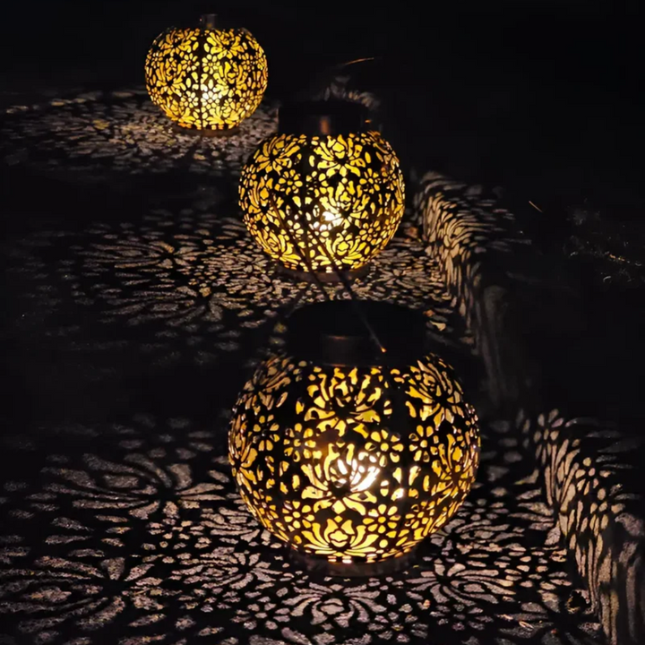 Waterproof solar-powered LED garden hanging lantern, perfect for outdoor patio lighting and decor.