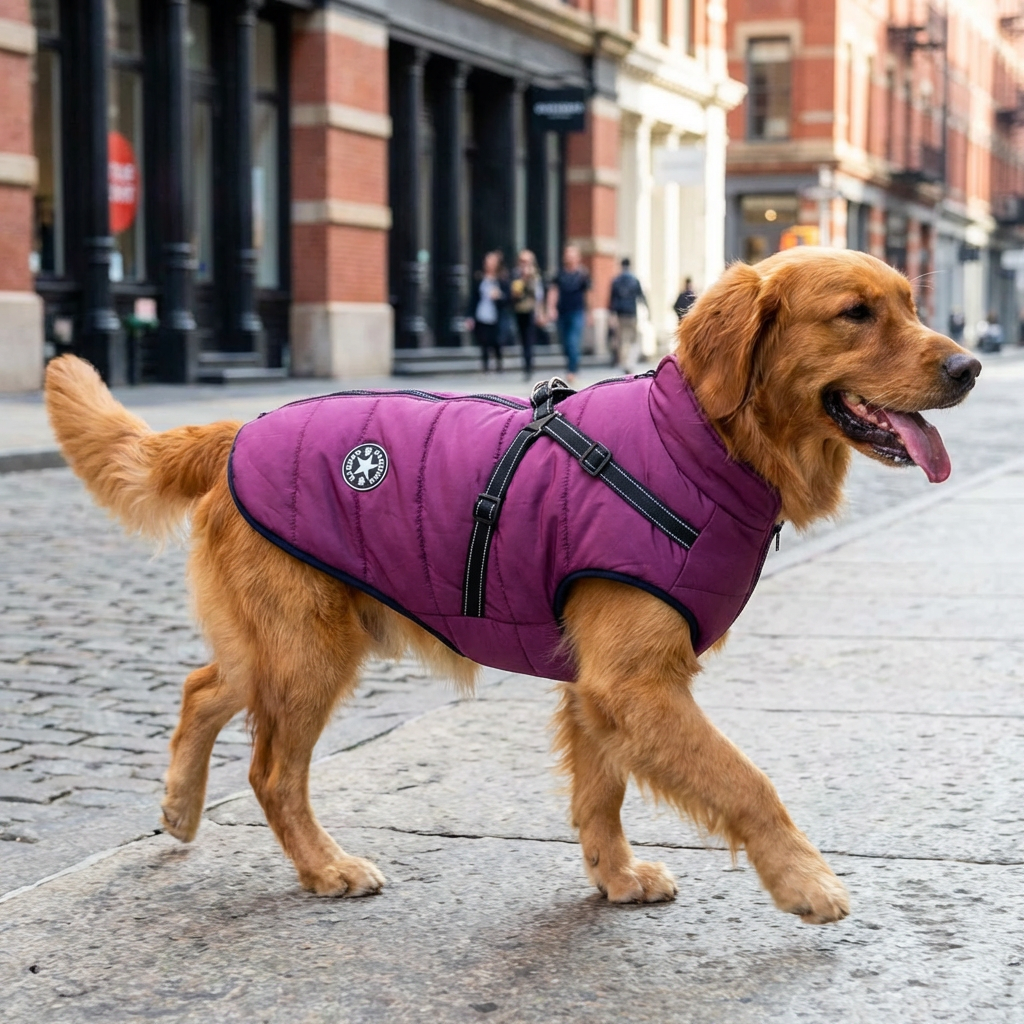 Stylish waterproof winter dog coat with an integrated harness. Warm, comfortable pet jacket for all outdoor activity.
