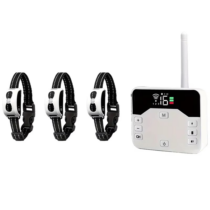 Advanced waterproof wireless dog training collar with rechargeable features for pet containment & safety.