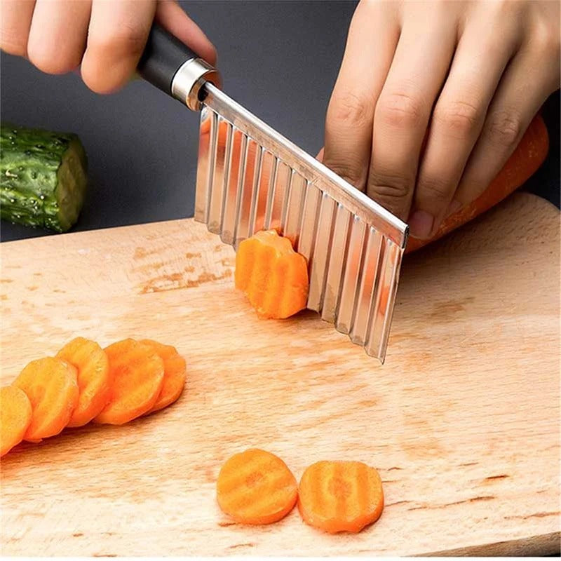 WaveCut wavy cutter knife for food prep, creating decorative crinkle cut veggies, chips & elegant salads.