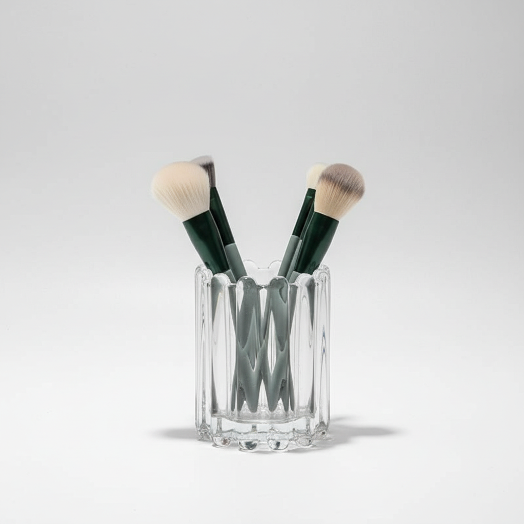 Elegant wavy design glass makeup organizer, ideal brush holder for a tidy bathroom vanity.