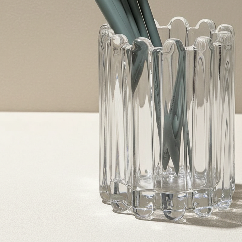 Clear GleamCaddy wavy makeup organizer, stylish cosmetic storage for brushes and beauty accessories.