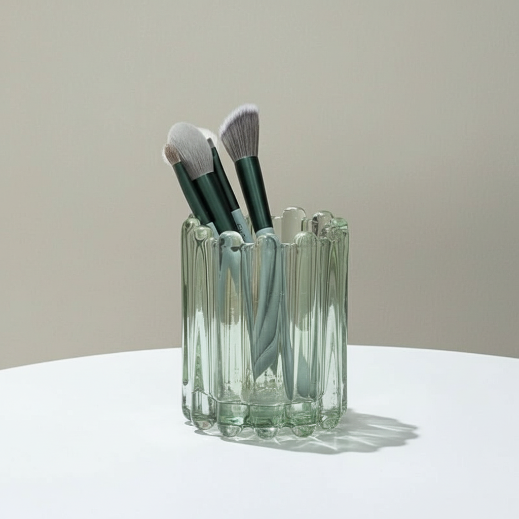 Wavy GleamCaddy makeup organizer, a modern bathroom accessory for brush and cosmetic storage.
