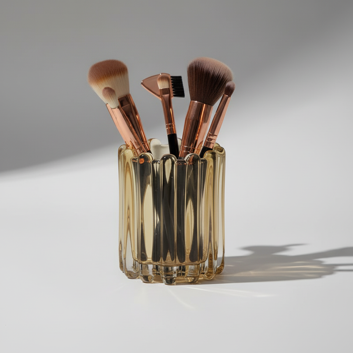 Transparent wavy glass makeup organizer and brush holder, essential for beauty accessory storage.