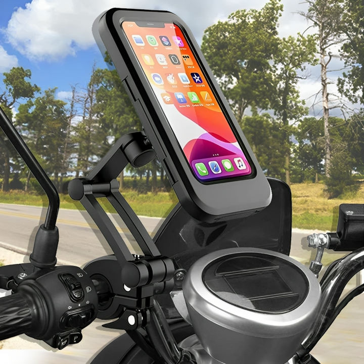 Durable motorcycle phone mount with touchscreen compatibility, WeatherGuard.