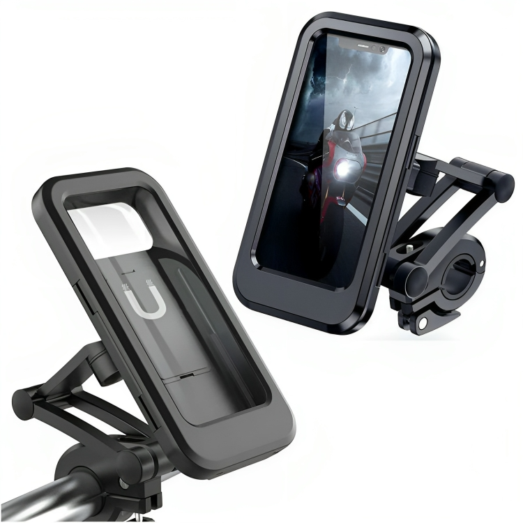 Motorcycle and bicycle smartphone holder, WeatherGuard, weather-resistant design.