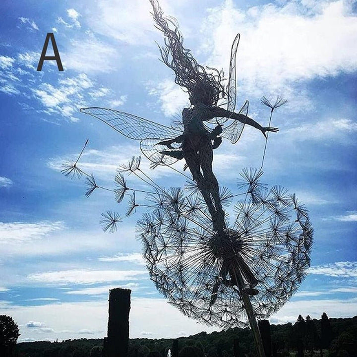 Whimsical dancing fairy garden statue, metal art, perfect outdoor decoration & lawn ornament.