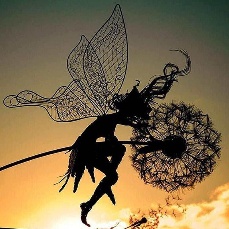 Enchanting dancing fairy metal garden statue, whimsical yard art & outdoor decor gift.