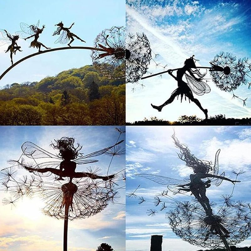 Whimsical metal dancing fairy wind spinner, enchanting outdoor garden decor & lawn ornament.