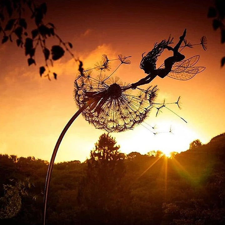 Durable polyethylene dancing fairy garden statue, whimsical metal art outdoor decoration.