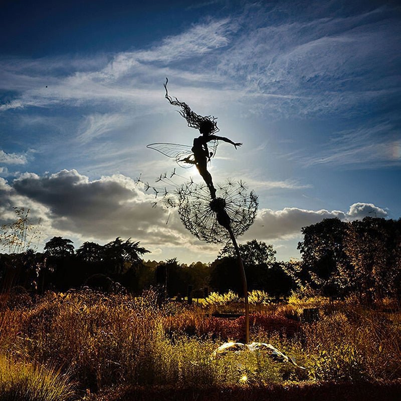 Detailed dancing fairy metal art statue, whimsical outdoor garden decoration for your yard.