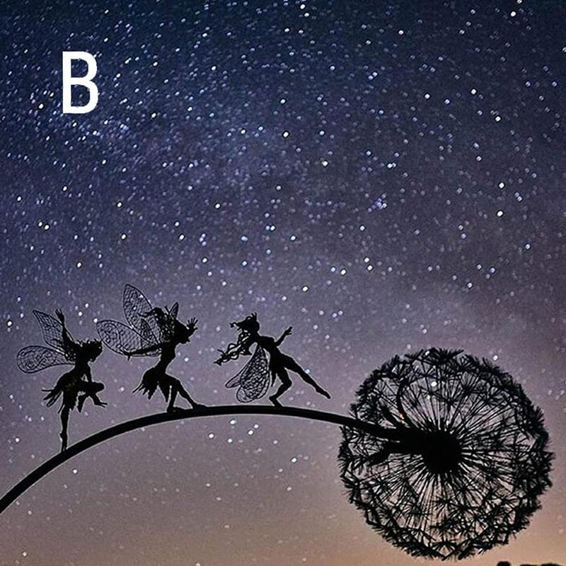 Enchanting whimsical dancing fairy lawn ornament, metal art garden statue for outdoor display.