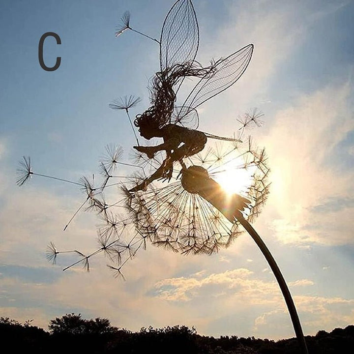 Whimsical dancing fairy metal garden decor, enchanting outdoor statue with graceful movement.