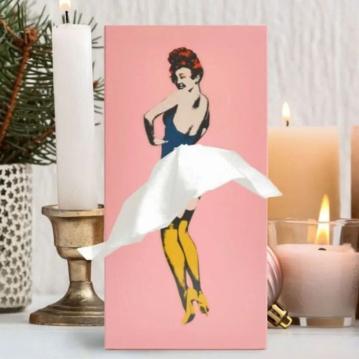 Khaki flying skirt tissue box. Whimsical unique design, desktop organizer & bathroom accessory.