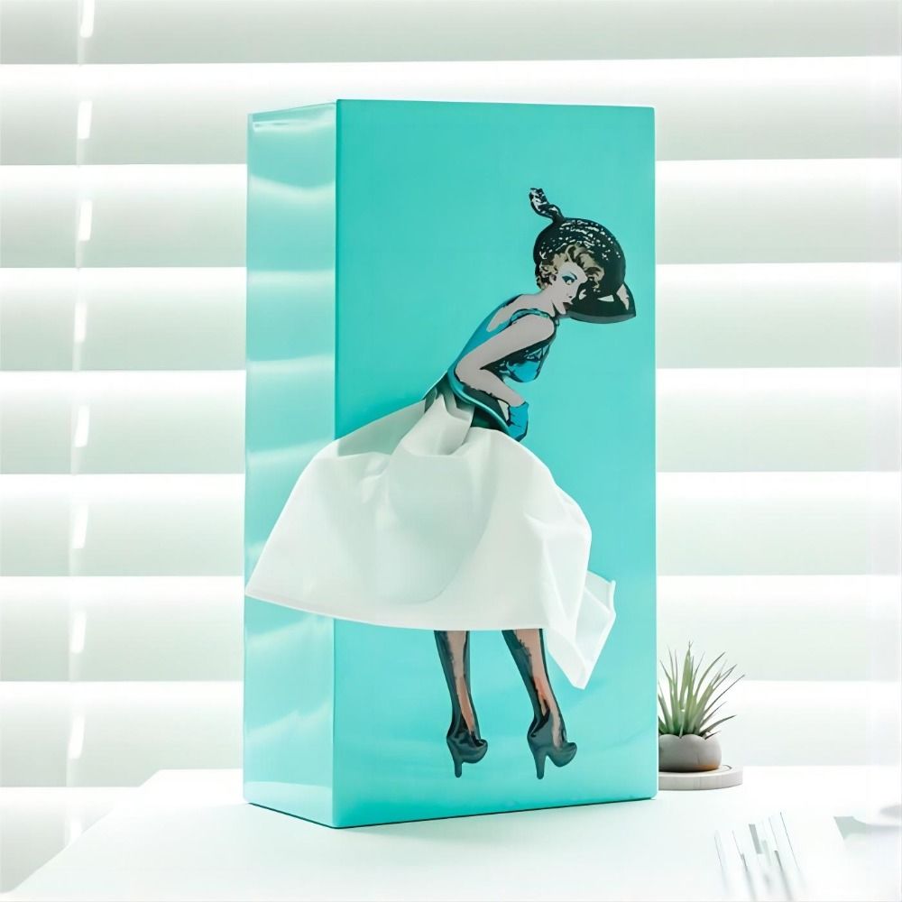 Interactive Flying Skirt Tissue Box. Whimsical tissue dispenser, perfect for desk, bath, or kitchen.