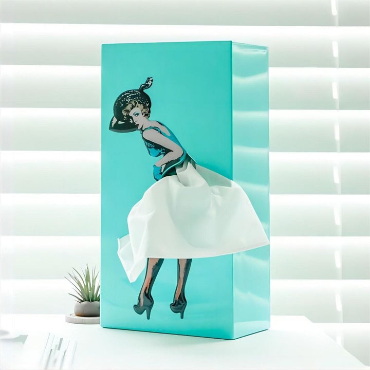 Interactive Flying Skirt Tissue Box. Whimsical tissue dispenser, perfect for desk, bath, or kitchen.