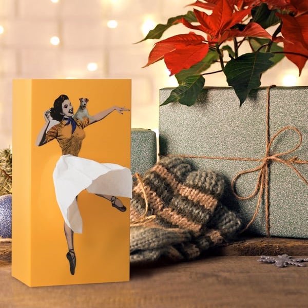 Colorful flying skirt tissue box. Novelty tissue dispenser, a playful desktop organizer.